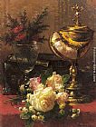 A Bouquet of Roses and other Flowers in a Glass Goblet with a Chinese Lacquer Box and a Nautilus Cup on a red Velvet draped Table by Jean-Baptiste Robie